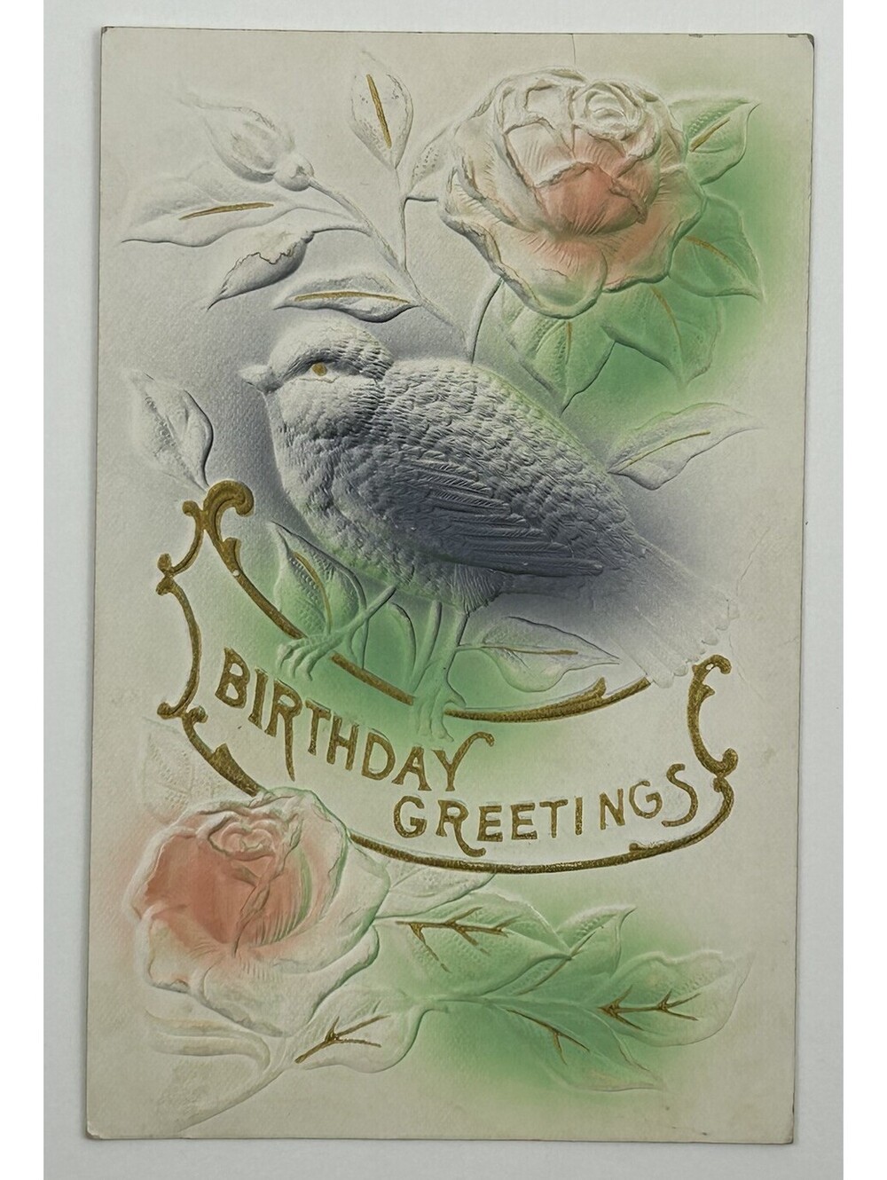 Vintage Embossed Birthday Greetings Postcard Bird Roses Antique           E-12